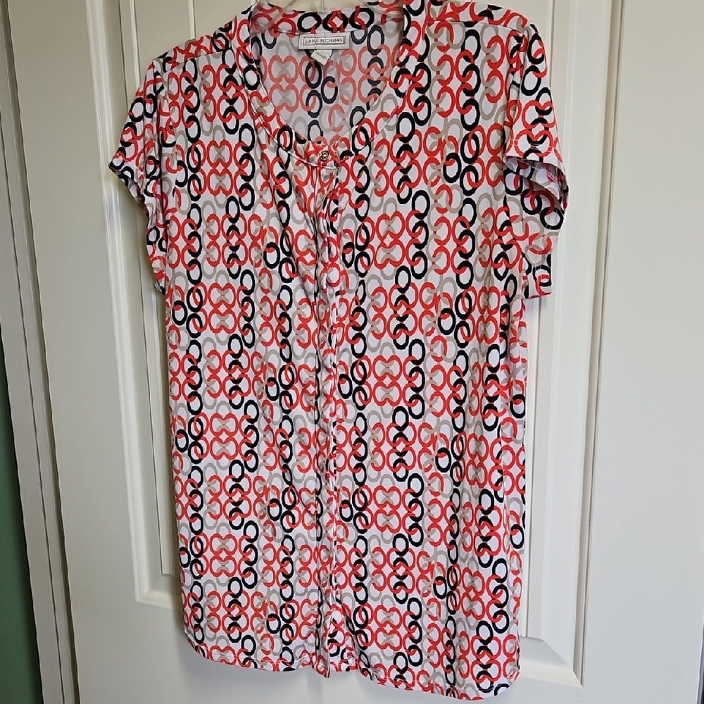 Dana Buchman Indie Orange and Black Geometric Short Sleeved Blouse